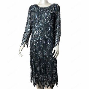 Beautiful vintage SCALA beaded and sequins dress medium M pure silk purple black